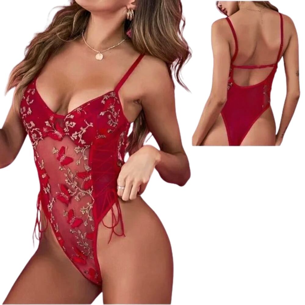 Medium Lingerie Bodysuit Butterfly Teddy Gold Red Embroidered